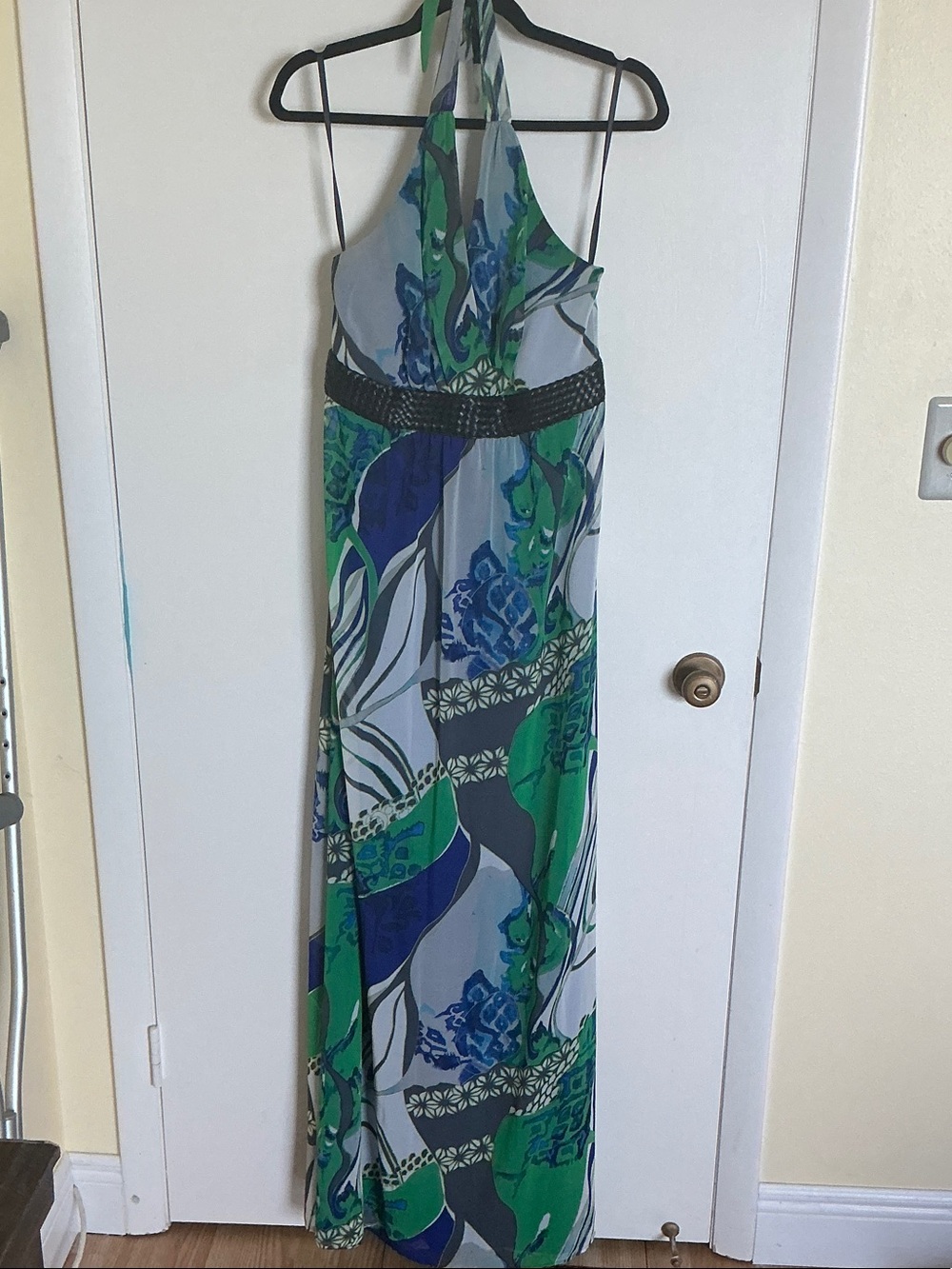 Long Elegant Legs Green & Blue Halter Maxi Dress
